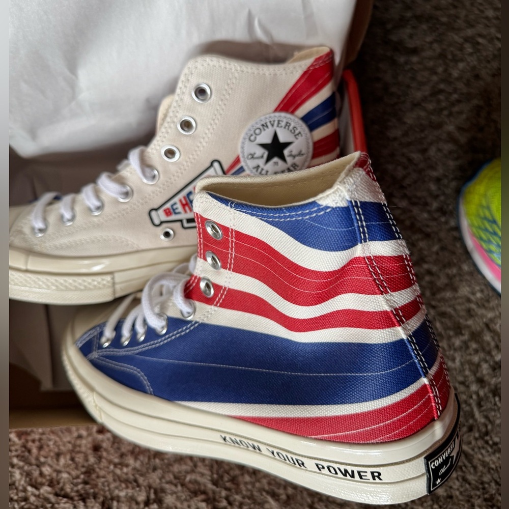 Converse High-Top Sneakers with Red, White, and Blue Stripes